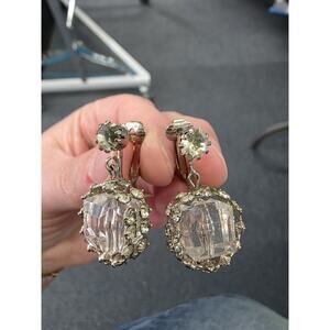 Vintage CELEBRITY Lucite Rhinestone Drop Earrings Clip On